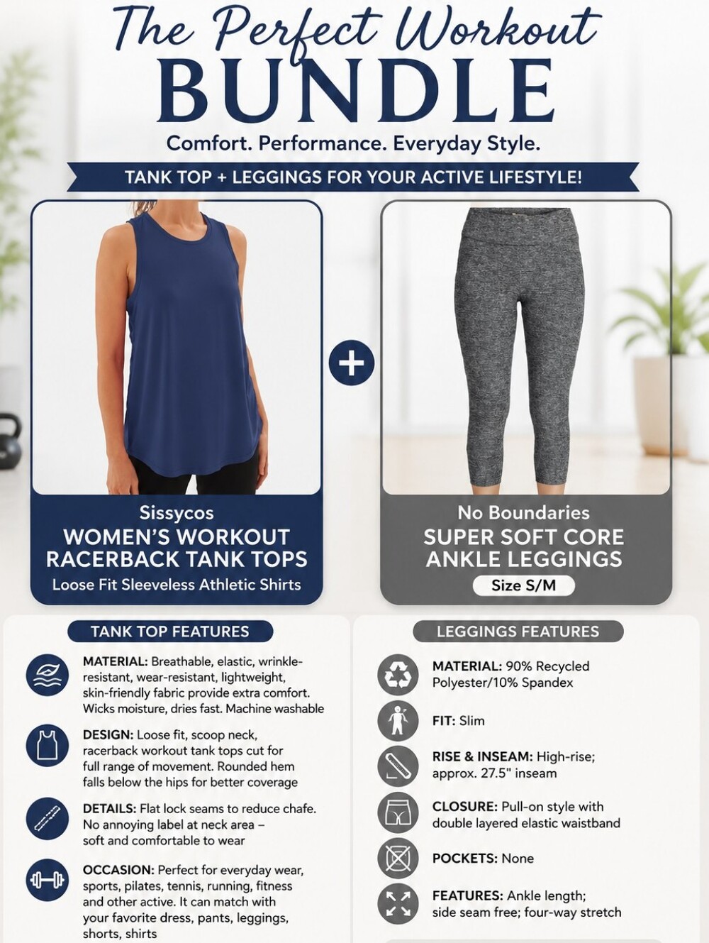 Bundle Set Blue Tank Top and Grey Leggings Size Small NWT